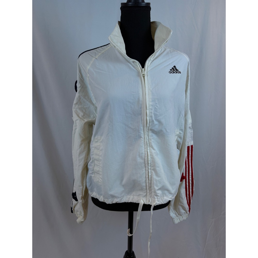 Adidas Womens Cream Windbreaker Jacket Asymmetrical Stripes Floral Medium